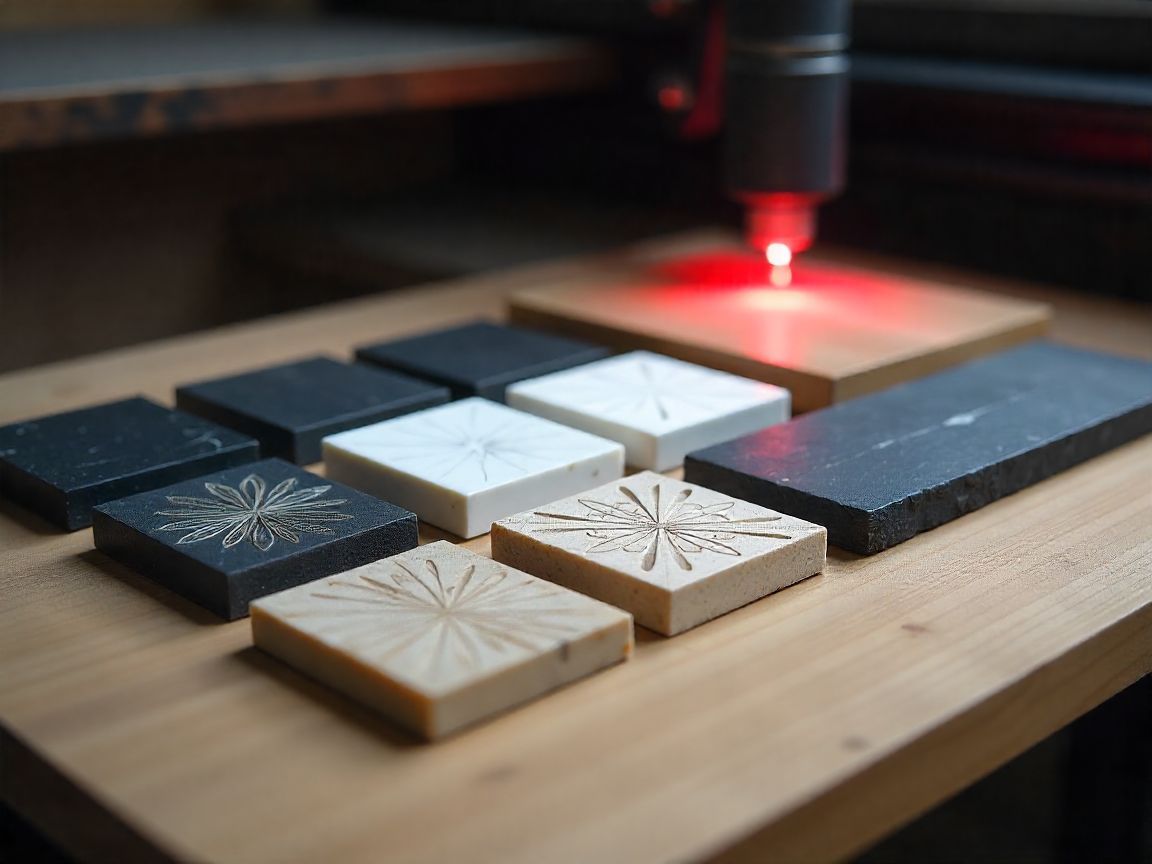 Sur une grande table, plusieurs pierres naturelles sont disposées